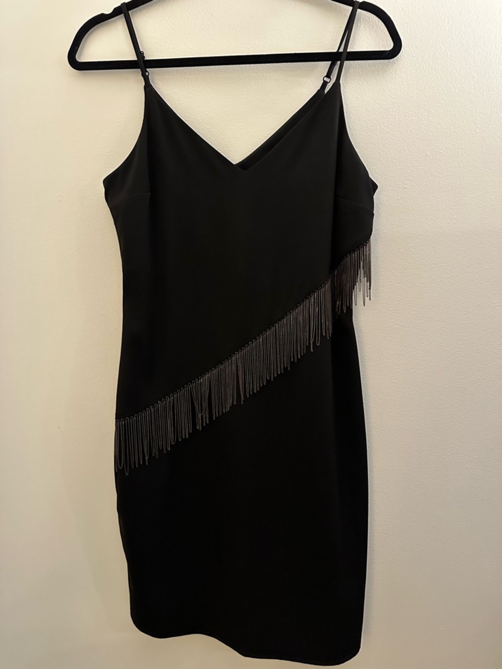 Witchery Black Bodycon Fringe Mini Dress V-Neck Spaghetti Strap Size AU8 US4